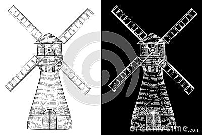 Windmill. Hand drawn sketch. Vector illustration isolated on white background. Vector Illustration