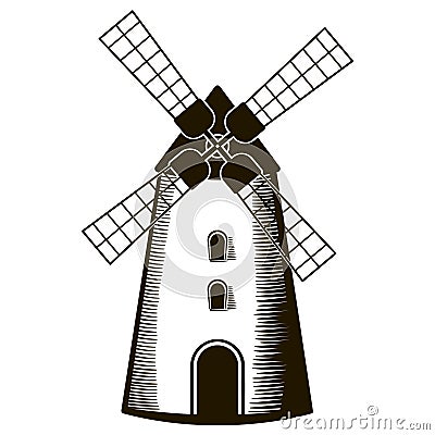 Windmill in hand drawn style isolated on whiye background Vector Illustration