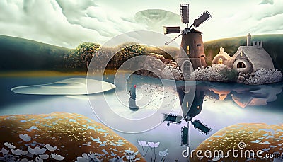 windmill by the lake fairy tale drawing suitable as background Stock Photo