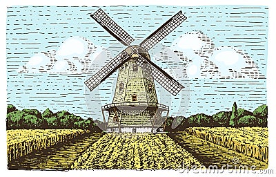 Windmill landscape in vintage, retro hand drawn or engraved style, can be use for bakery logo, wheat field with old Vector Illustration