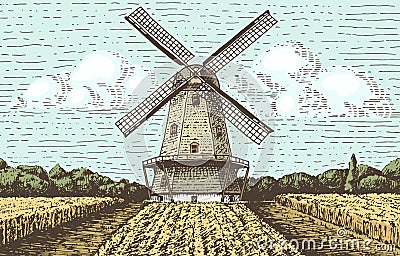 Windmill landscape in vintage, retro hand drawn or engraved style, can be use for bakery logo, wheat field with old Vector Illustration