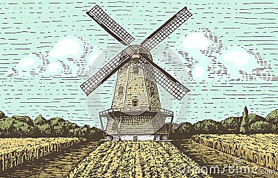 Windmill landscape in vintage, retro hand drawn or engraved style, can be use for bakery logo, wheat field with old Vector Illustration
