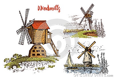 Windmill landscape in vintage, retro hand drawn or engraved style, can be use for ecological bakery logo, wheat field Vector Illustration