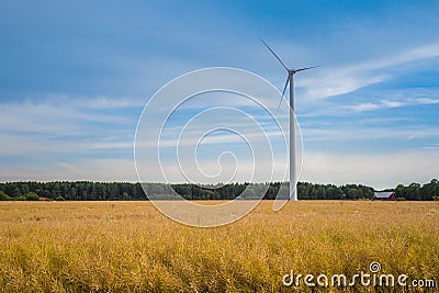 Windmill in landscape with yellow wheat field, forest and red house in the background. Dramatic spectacular blue sky with clouds Stock Photo