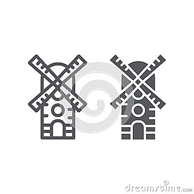 Windmill line and glyph icon, farm and wind, mill sign, vector graphics, a linear pattern on a white background. Vector Illustration