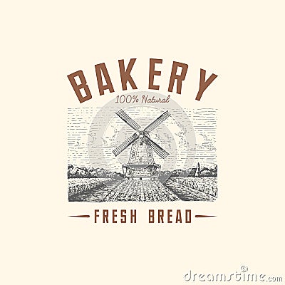 Windmill logo landscape in vintage, retro hand drawn or engraved style, can be use for bakery logo, wheat field with old Vector Illustration