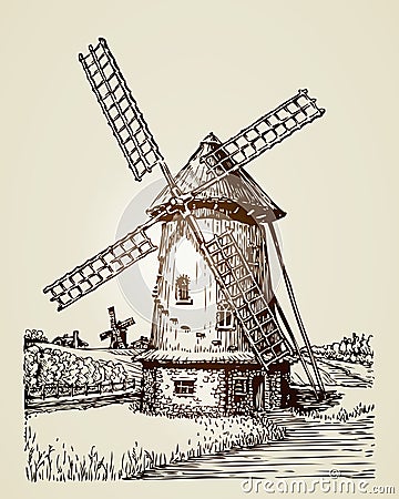 Windmill, mill or bakery. Vintage hand drawn illustration Vector Illustration