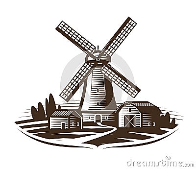 Windmill, mill logo or label. Farm, rural landscape, agriculture, bakery, bread icon. Vintage vector illustration Vector Illustration