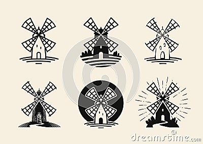 Windmill, mill logo or label. Flour, bakery icons set. Vector illustration Vector Illustration