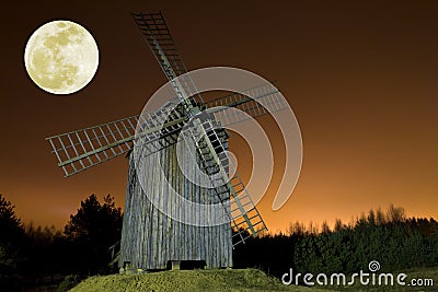 Windmill and moon Stock Photo