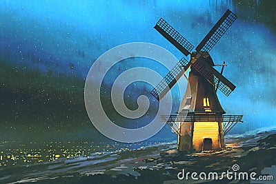 The windmill on the mountain in winter Cartoon Illustration