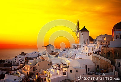 Windmill of Oia at sunset, Santorini Stock Photo