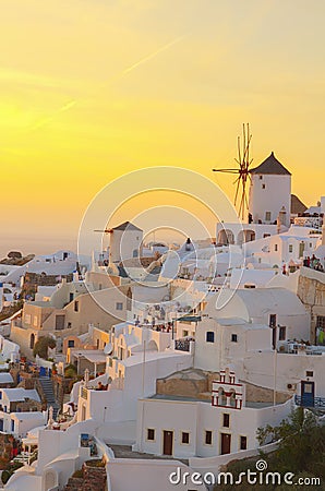 Windmill of Oia at sunset, Santorini Stock Photo