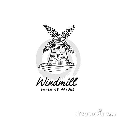 Windmill power of nature logo icon building landmark with leaves propeller Vector Illustration