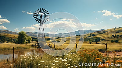Windmill rotating fast due to strong wind. Generative AI. Stock Photo