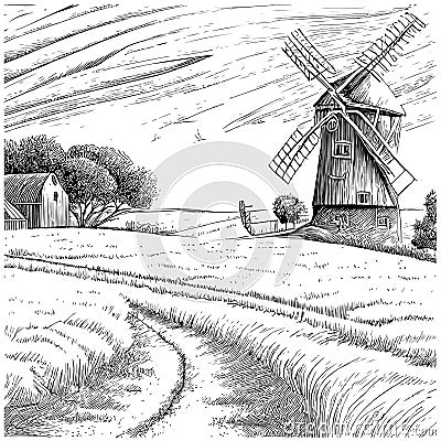 Windmill in a rural landscape. Wheat field sketch vintage Cartoon Illustration