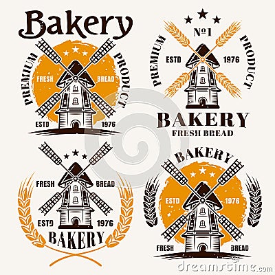 Windmill set of vector colored emblems for bakery Vector Illustration