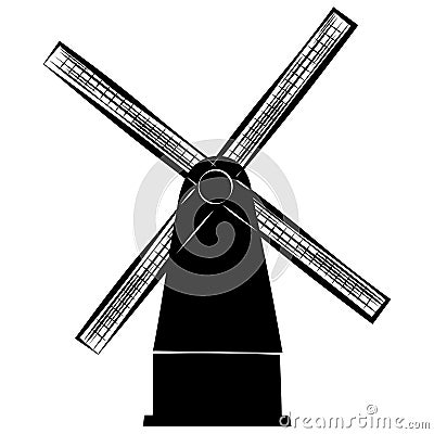 Windmill silhouette isolated on white background. Clipart Vector Illustration