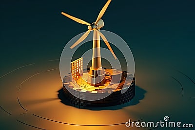 Windmill on Stacks of golden coins. Return on investment on renewable clean energy. Stock Photo