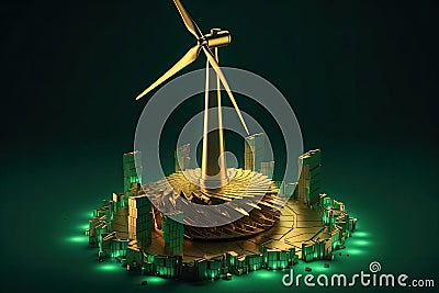 Windmill on Stacks of golden coins. Return on investment on renewable clean energy. Stock Photo