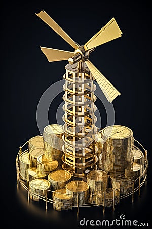 Windmill on Stacks of golden coins. Return on investment on renewable clean energy. Stock Photo