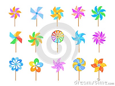 Windmill toy. Paper pinwheel toys, cartoon wind vane summer breeze weather, colored child origami mill pin wheel with Vector Illustration