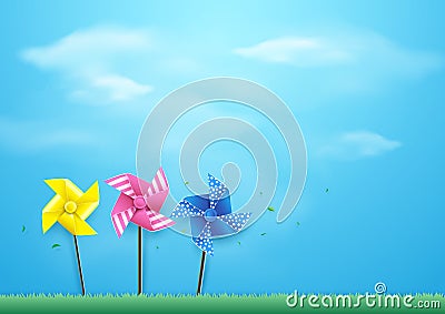 Windmills blowing in the wind on blue sky. Paper art style Vector Illustration