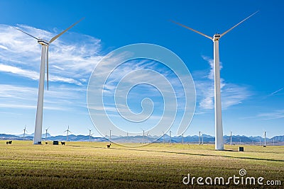 Windmills on Canadian prairie fields with cattle grazing near Pincher Creek Alberta Canada Stock Photo