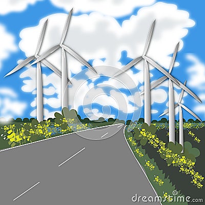 windmills in a field on both sides of the road Stock Photo