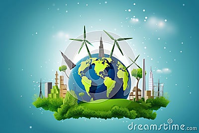 Windmills on a green landscape offering natural, sustainable electricity Stock Photo