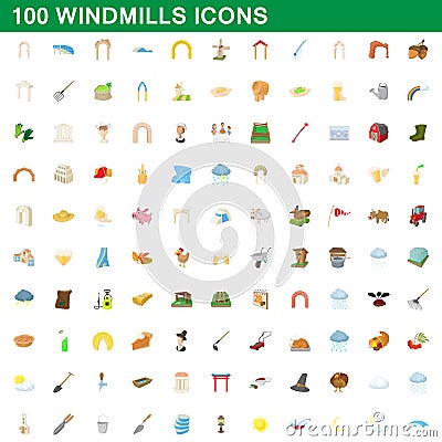 100 windmills icons set, cartoon style Vector Illustration