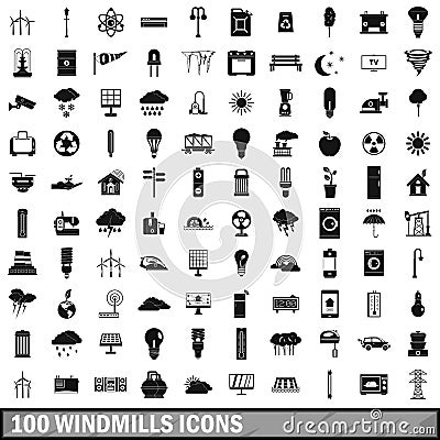 100 windmills icons set, simple style Vector Illustration