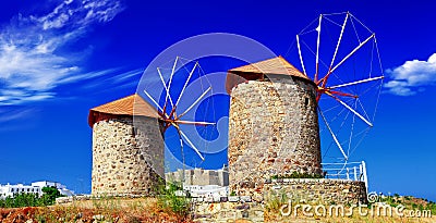 Windmills of Patmos island Stock Photo