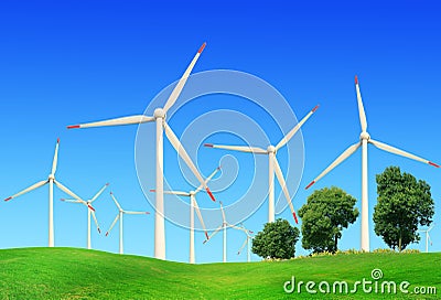 Windmills in summer landscape Stock Photo
