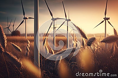 windmills in a wheat field with evening light. Ai generative Stock Photo