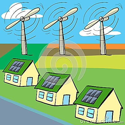 windmills wind energy and solar energy Vector Illustration