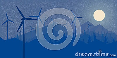 Windmills Wind Power Night forest and the mountains Big full moon Wallpaper Landscape in the style of Flet Vector illustration Vector Illustration