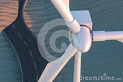 Windmills and winding road in the open, 3d rendering Stock Photo