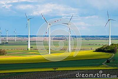 Windmills in yellow field Stock Photo