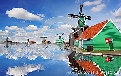 Windmills in Zaanse Schans, Amsterdam, Holland Stock Photo