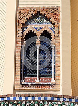 Window in the arabesque style Mudejar Pavilion, Seville, Andalusia, Spain. Stock Photo