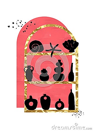 Window arch, shelves with antique vase dishes black silhouettes. Pink coral hand painted collage Stock Photo
