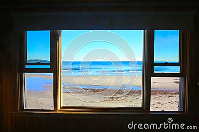 Window beach scene Maine Stock Photo