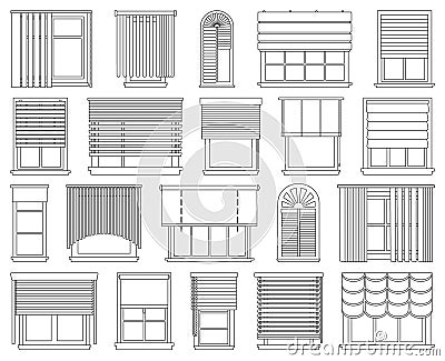 Window blind vector outline icon set . Collection vector illustration on jalousie house white background. Isolated Vector Illustration