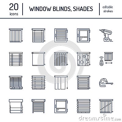 Window blinds, shades line icons. Various room darkening decoration, roller shutters, roman curtains, horizontal and Vector Illustration