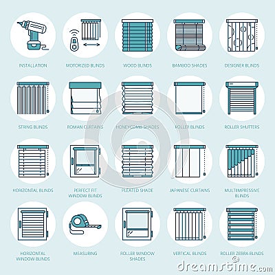 Window blinds, shades line icons. Various room darkening decoration, roller shutters, roman curtains, horizontal and Vector Illustration