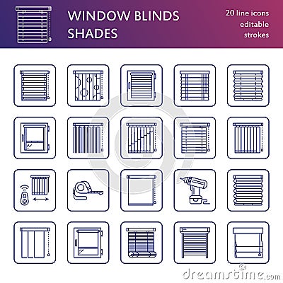 Window blinds, shades line icons. Various room darkening decoration, roller shutters, roman curtains, horizontal and Vector Illustration