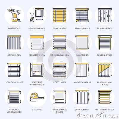 Window blinds, shades line icons. Various room darkening decoration, roller shutters, roman curtains, horizontal and Vector Illustration