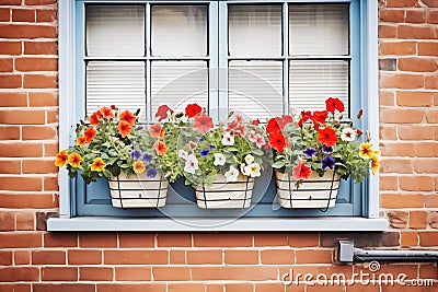 window boxes with blooming petunias against brick wall Stock Photo