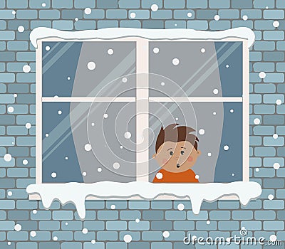 Window on a brick wall on a snowy day. A little boy in the room is surprised, looking at the snow Vector Illustration